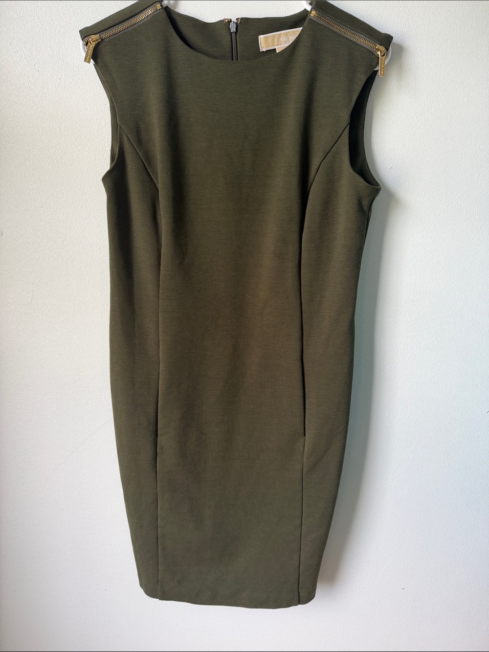 Michael Kors Olive Zip-Shoulder Sheath Dress with Gold Hardware M
